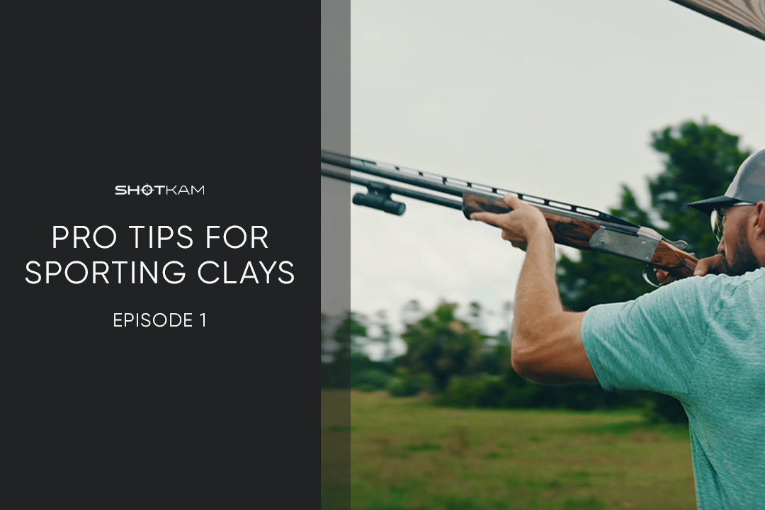 ShotKam Pro Tips for Sporting Clays Episode 1 – A shooter takes aim with a shotgun in a scenic UK countryside, showcasing techniques to improve clay shooting accuracy.