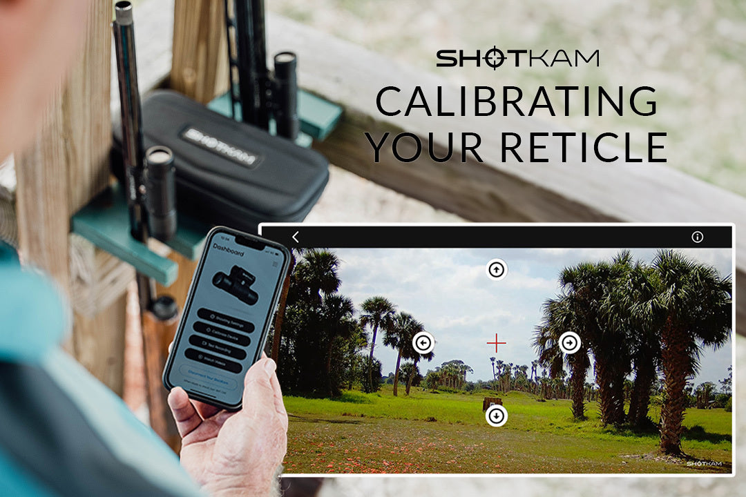 ShotKam app interface displayed on a phone, guiding a user through the reticle calibration process in a wooded shooting range in the UK.