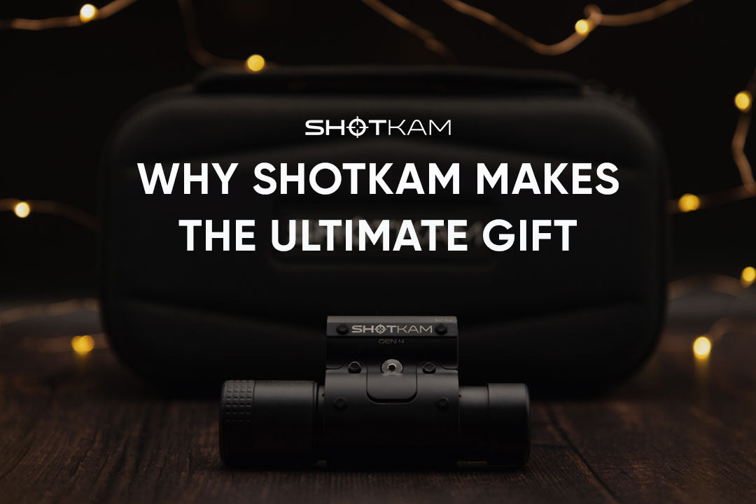 Barrel-mounted ShotKam Gen 4 showcased as a gift idea, set against a dark background with decorative lights.