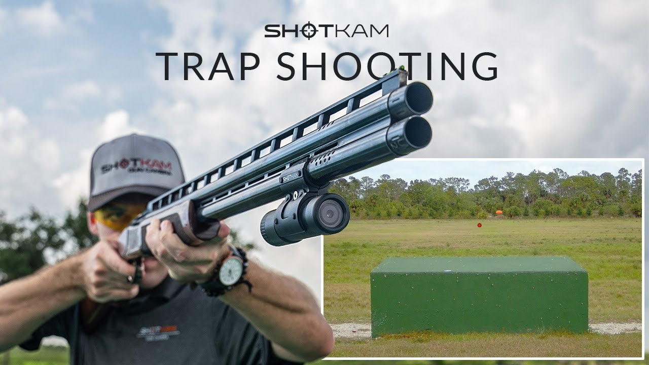 Trap shooting tips in the UK: Shooter aiming with a ShotKam-mounted shotgun, highlighting techniques for improving trap shooting accuracy.