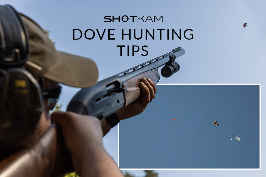 Dove hunting tips in the UK: Shooter aiming with a ShotKam-equipped shotgun, capturing the moment of a dove in flight.