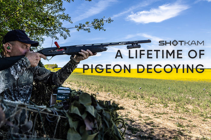Geoff Garrod pigeon shooting with the ShotKam Gen 4 during a traditional wood pigeon decoying session in the British countryside.