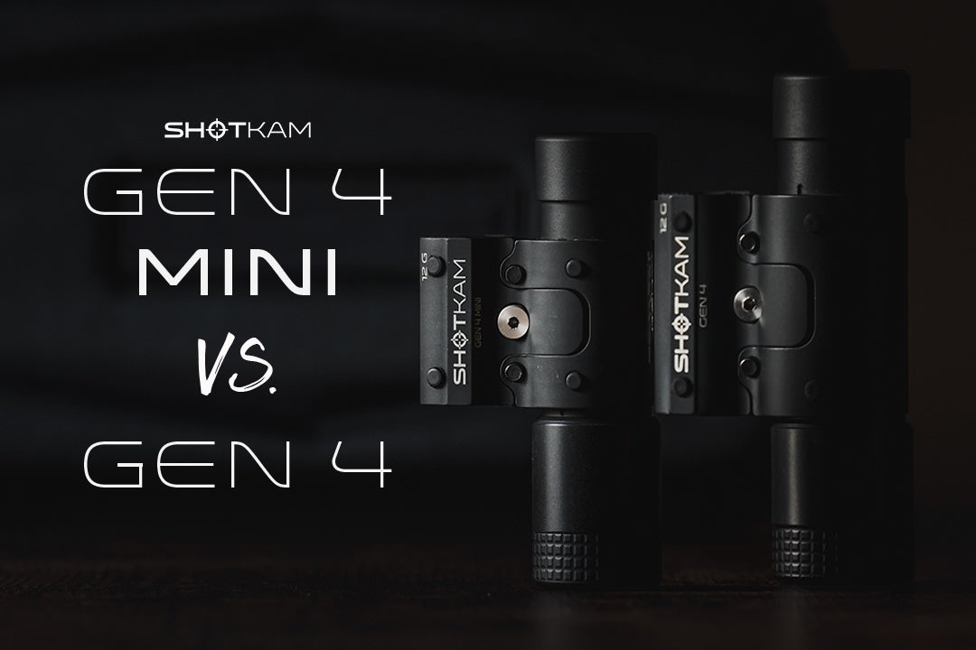 Side-by-side view of ShotKam Gen 4 Mini and Gen 4 models, highlighting the difference in size for British hunting and shooting enthusiasts.