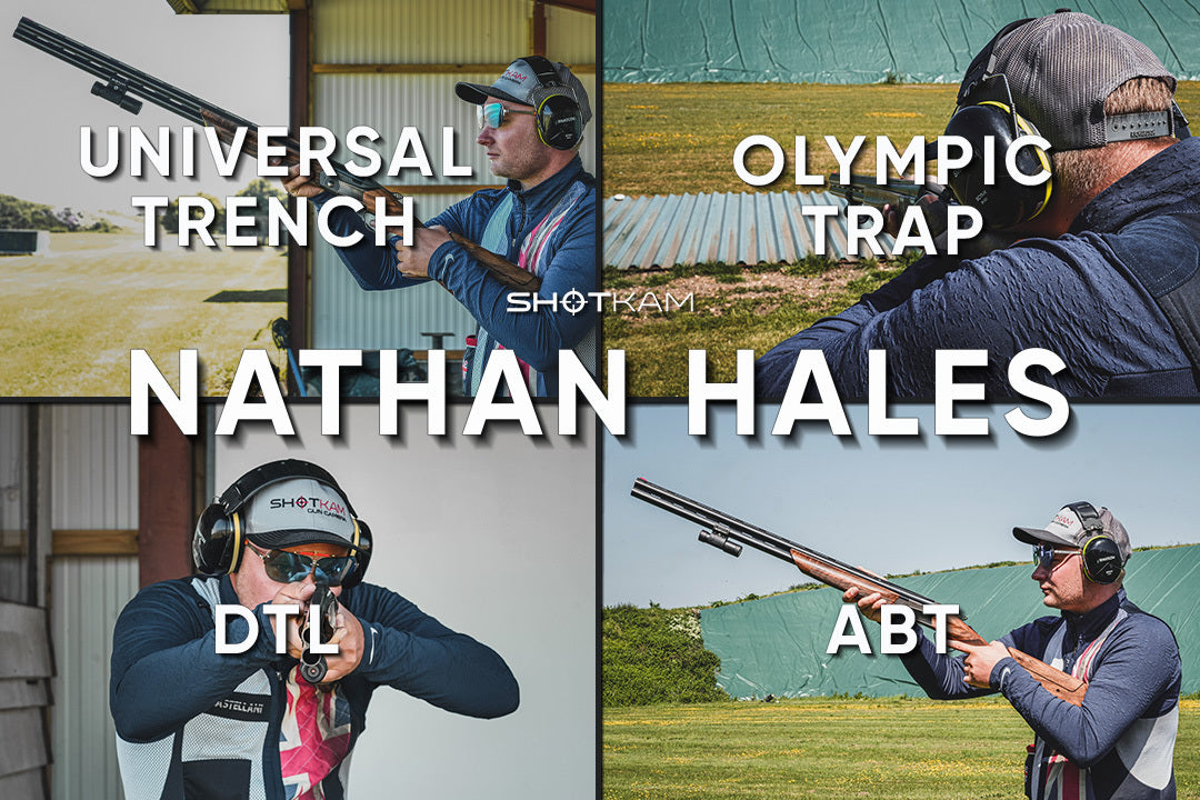 ShotKam athlete Nathan Hales demonstrating trap shooting techniques in four different disciplines