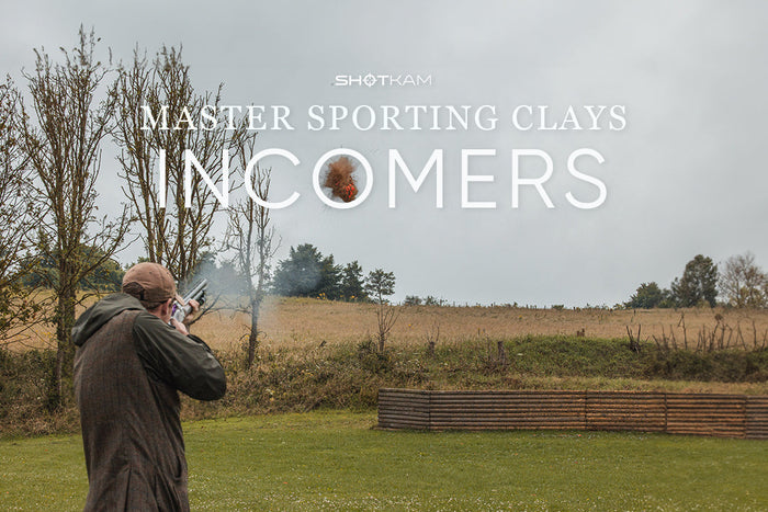 Jonny Carter takes on an incoming clay in a countryside shooting range—ShotKam’s Master Sporting Clays breakdown of incomers.