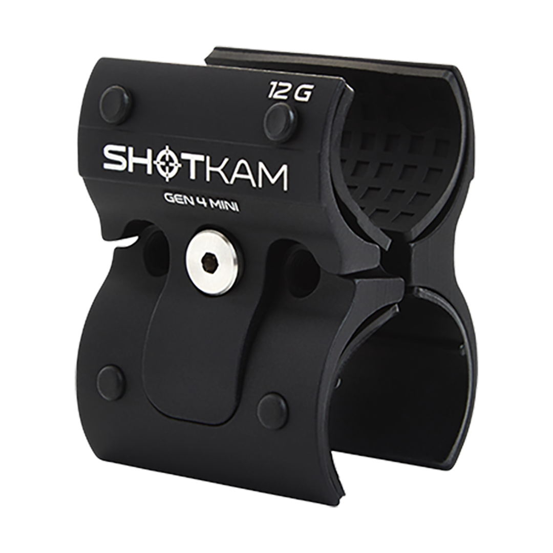 12 Bore ShotKam Gen 4 Mini Mount – Demonstrating how the 12 bore mount opens and closes, this Mini mount provides a secure and simple attachment for the Gen 4 Mini ShotKam, enhancing shooting accuracy in the UK.