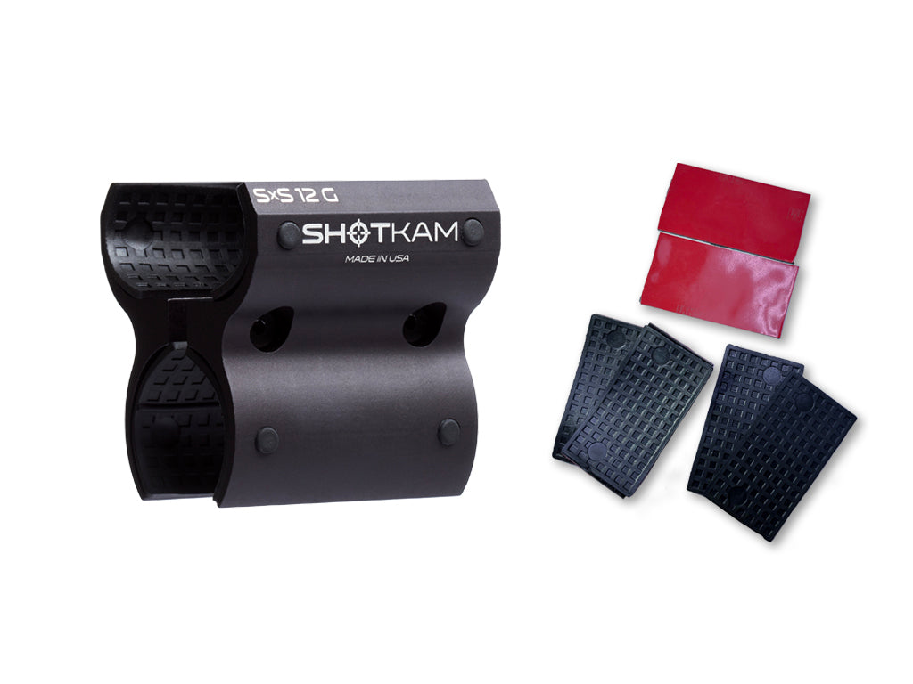 ShotKam SxS 12 gauge mount with additional rubber pads and adhesive strips for competitive shooting and hunting. This high-quality mount securely attaches the ShotKam camera to side-by-side 12-bore shotguns. The included rubber pads and adhesive strips ensure a snug fit and stability, making it perfect for capturing detailed video footage of hunting ducks, turkey, and small game.