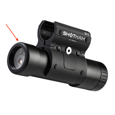 Close-up view of the ShotKam camera featuring an anti-glare and anti-scratch glass lens, ideal for capturing clear and durable footage during hunting and shooting activities.