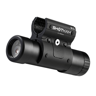 ShotKam 12G camera for shotguns - High-definition video recording device with durable black housing, designed for hunting and shooting sports. Features include recoil resistance, easy mount attachment, and precision aiming technology, ideal for capturing and analyzing shooting performance.