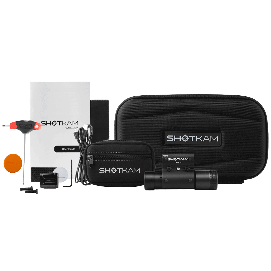 Complete ShotKam Gun Camera Kit - Includes ShotKam Gen 4, durable carrying case, instruction manual, USB charging cable, adjustment tool, lens cleaning cloth, and various accessories. Perfect for recording high-definition shooting footage, the ShotKam is tailored for hunting and clay target shooting enthusiasts. ShotKam's cutting-edge technology guarantees precise and clear video recordings for training and performance analysis.