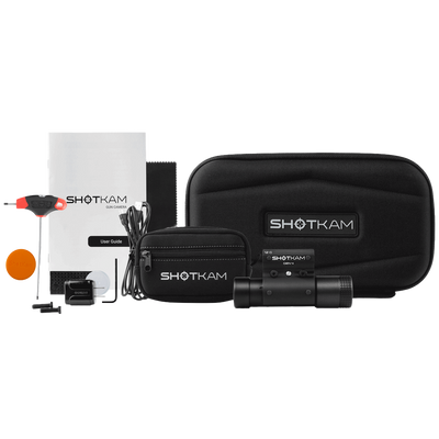 Complete ShotKam Gun Camera Kit - Includes ShotKam Gen 4, durable carrying case, instruction manual, USB charging cable, adjustment tool, lens cleaning cloth, and various accessories. Perfect for recording high-definition shooting footage, the ShotKam is tailored for hunting and clay target shooting enthusiasts. ShotKam's cutting-edge technology guarantees precise and clear video recordings for training and performance analysis.