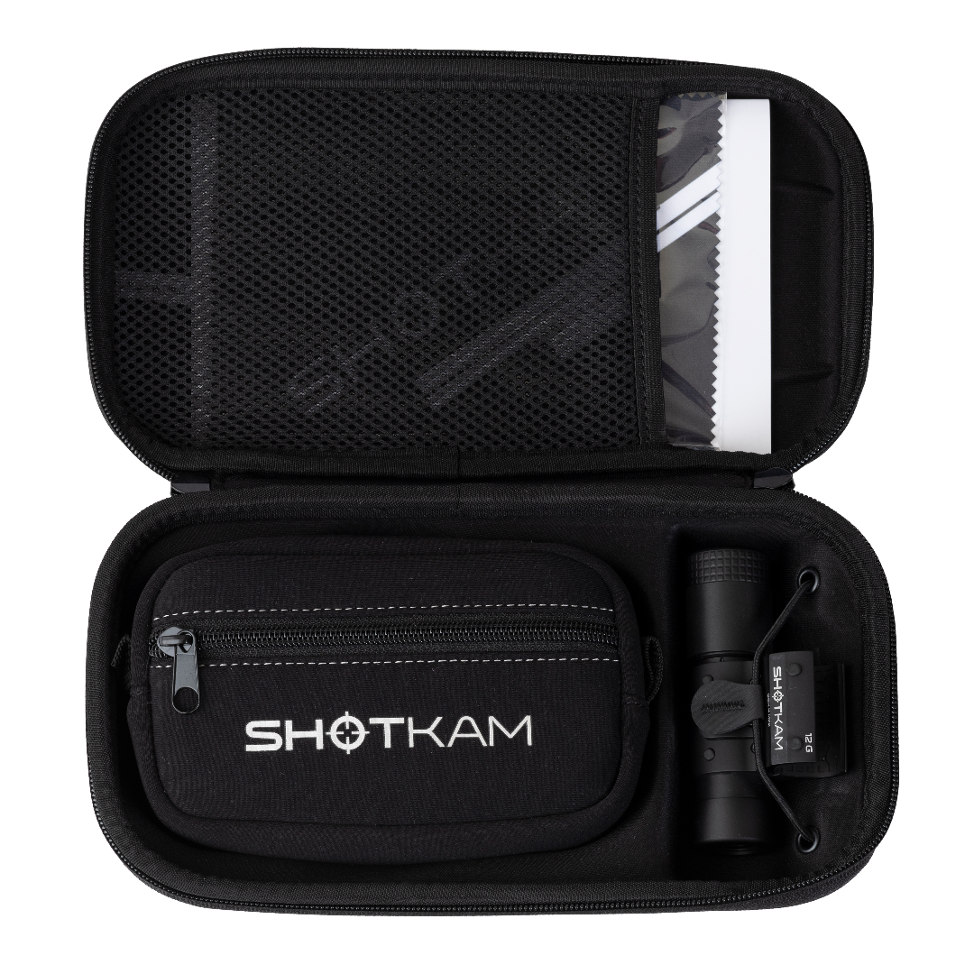 ShotKam Gen 4 Mini camera securely packed in its durable carrying case with a zippered compartment for accessories. Free shipping to the UK.