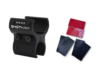 ShotKam Mini 12 Bore SxS Mount Kit with spare rubber inserts and double-sided tape for a stable and barrel-safe shotgun attachment.