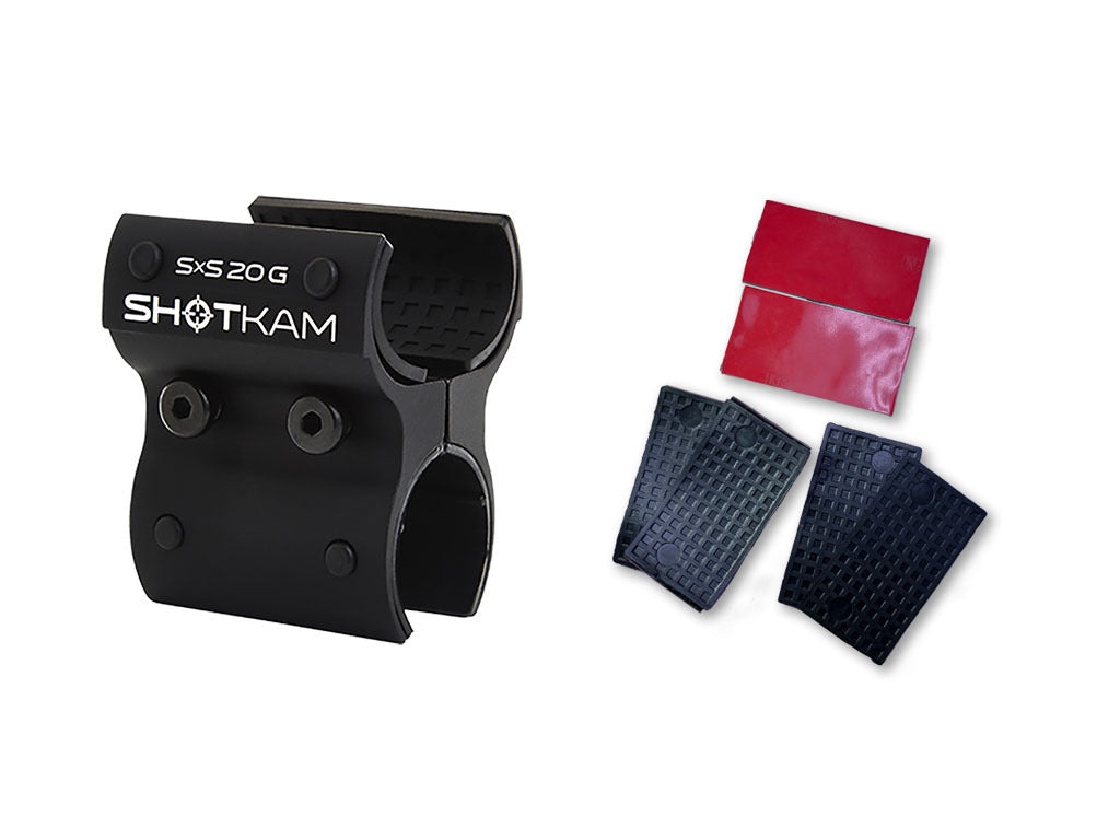 ShotKam Mini 20 Gauge SxS Mount Kit with extra rubber barrel pads and adhesive strips for a secure and scratch-resistant shotgun fit.