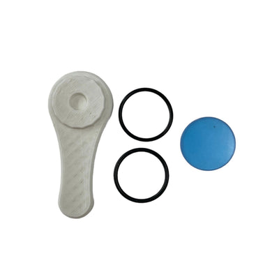 Components of the ShotKam Lens Replacement Kit: a white spanner tool, two black O-rings, and a blue replacement lens.