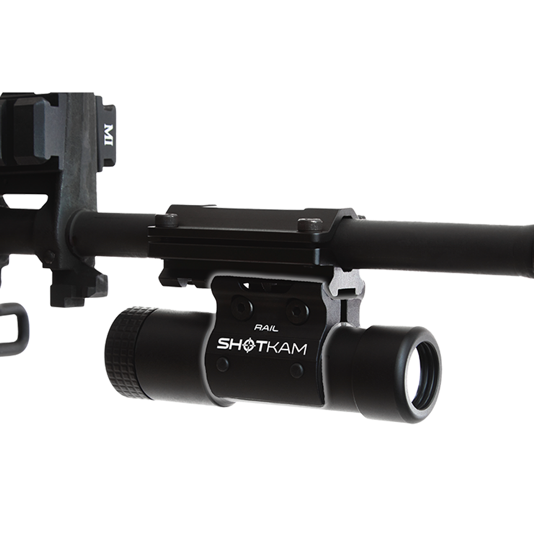 ShotKam Rail Mini Mount fitted to a rifle using a Picatinny rail – Demonstrating how the Gen 4 Mini ShotKam is securely attached for enhanced shooting accuracy in the UK.