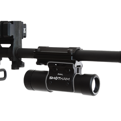 ShotKam Rail Mini Mount fitted to a rifle using a Picatinny rail – Demonstrating how the Gen 4 Mini ShotKam is securely attached for enhanced shooting accuracy in the UK.