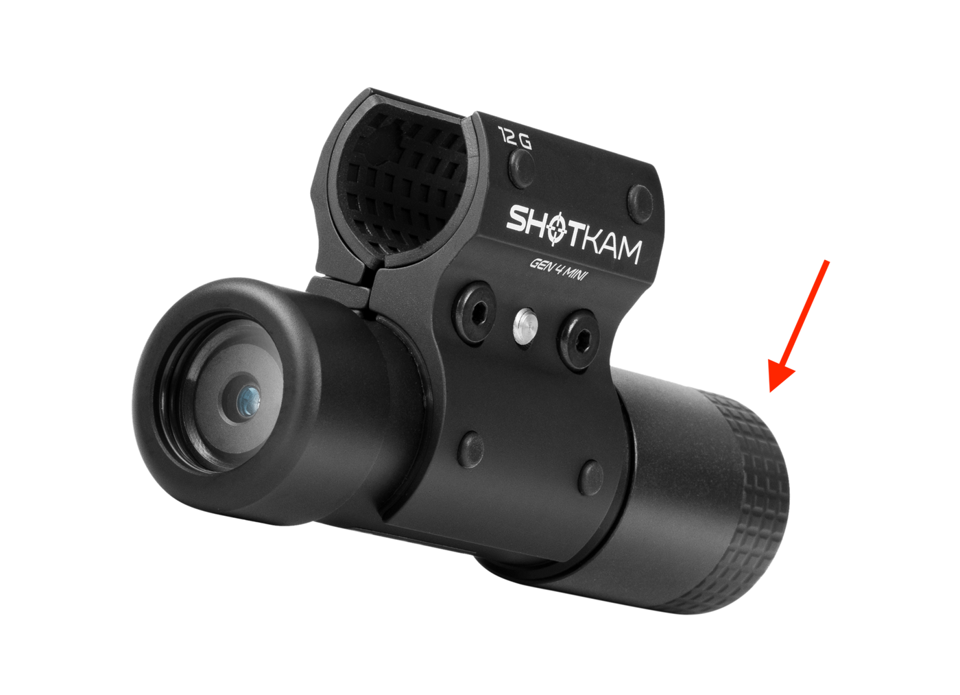 Detailed view of ShotKam Gen 4 Mini with 12 Gauge mount, showing the back cap protection for the USB-C port, highlighted by a red arrow.