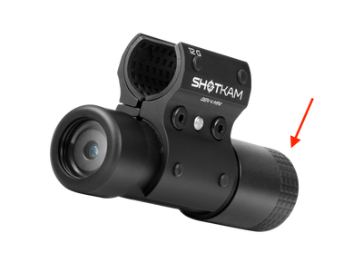 Detailed view of ShotKam Gen 4 Mini with 12 Gauge mount, showing the back cap protection for the USB-C port, highlighted by a red arrow.