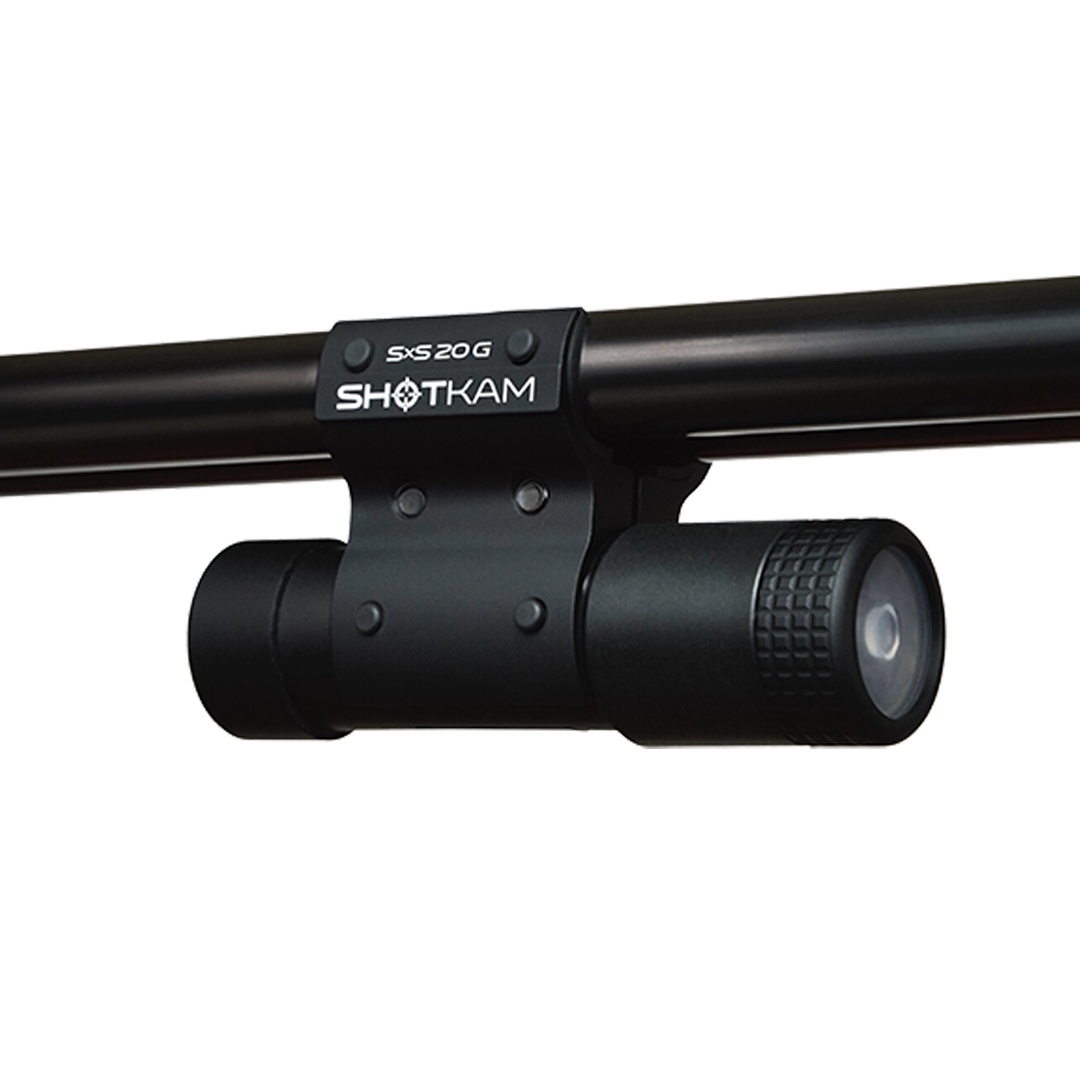 SxS 20 Bore ShotKam Mount on a 20 bore side-by-side shotgun – Demonstrates the secure attachment of the Gen 4 Mini ShotKam for enhanced shooting footage in the UK.