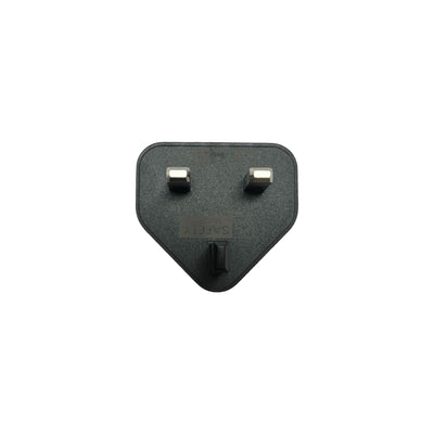 UK 3-pin plug adapter - Close-up view of a black UK 3-pin plug adapter designed for safe and reliable electrical connections. This plug adapter ensures compatibility with UK electrical outlets, included with your ShotKam purchase.  Perfect for maintaining an efficient power connection while charging your camera.